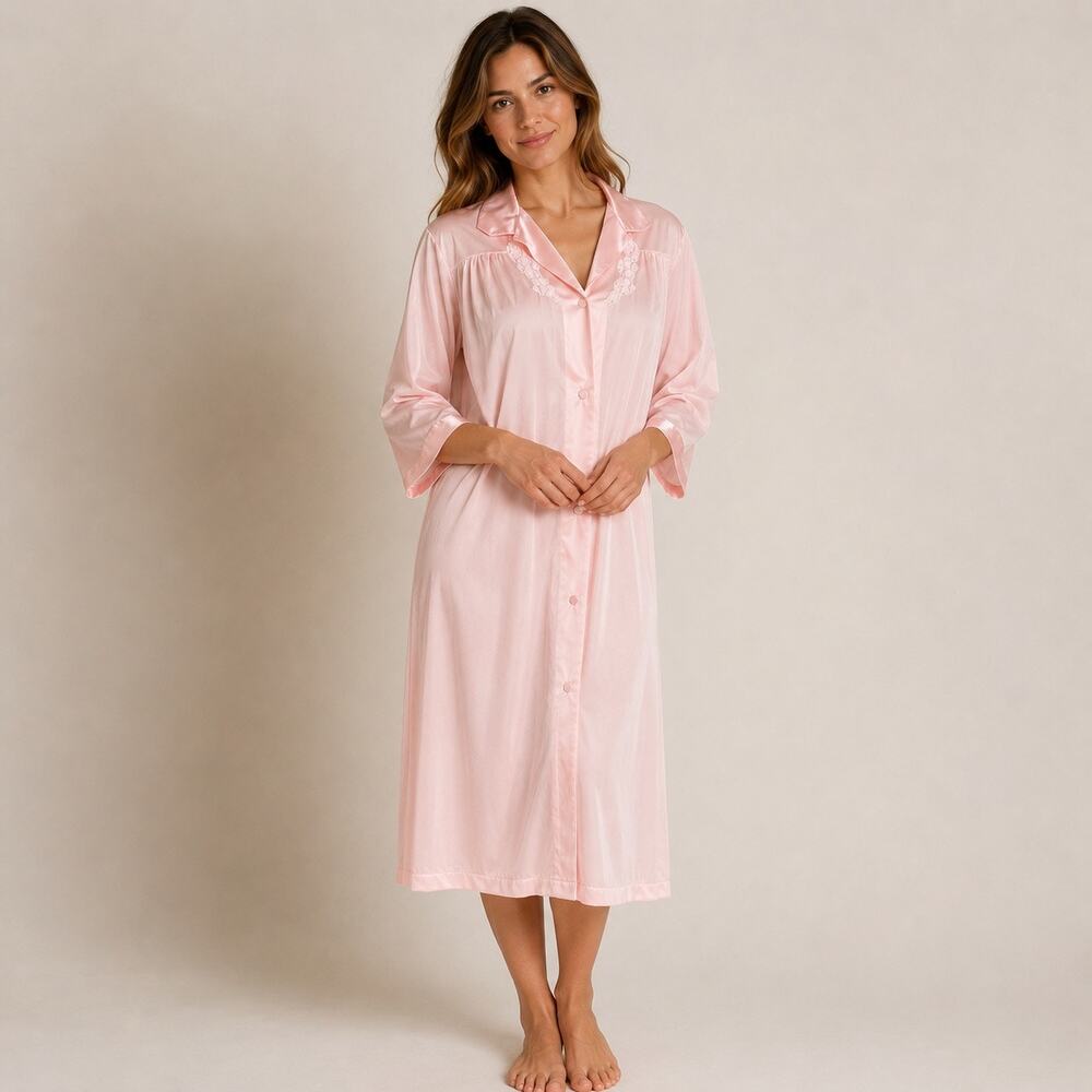 Vintage Vanity Fair Pink Nylon Robe Small Lace 3/4 Sleeve